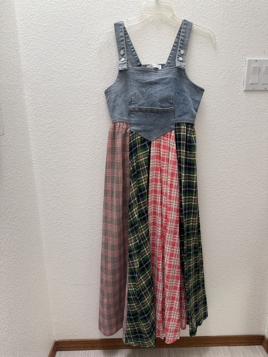 Ces Femme Dresses & Skirts - Ces Femme Denim Bodice Patchwork Plaid Maxi Dress - Green & Pink size Small